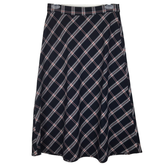 Loft Plaid Midi Skirt A-Line High Rise Navy Blue Red White Side Zip Preppy Sz 2 - Picture 1 of 6